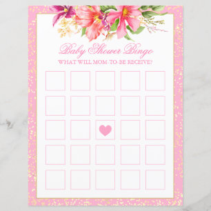 Baby Shower Bingo Game Flowers Bouquet Pink Sheet