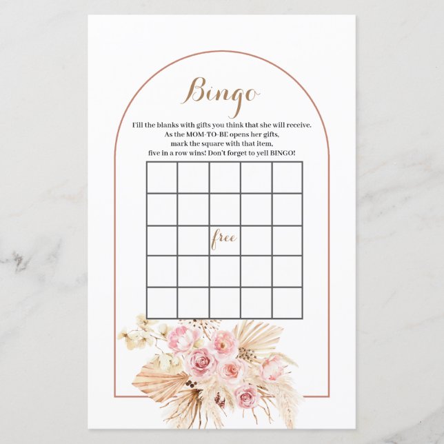 Baby Shower Bingo Game Pink Floral Boho Pampas (Front)