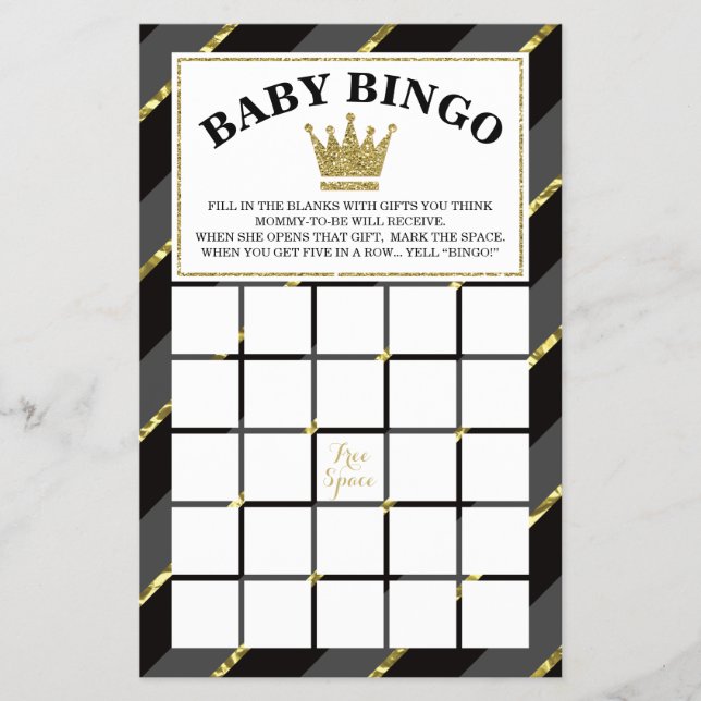 Baby Shower Bingo Game, Prince, Black and Gold Flyer (Front)