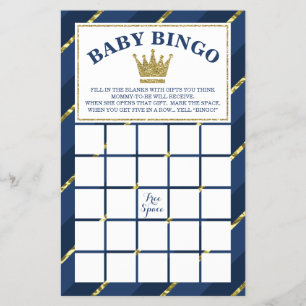 Baby Shower Bingo Game, Prince, Navy Blue and Gold Flyer