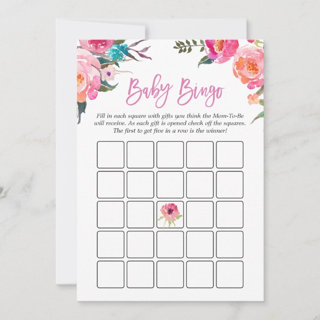 Baby Shower Bingo Game | Watercolor Pink Floral Invitation (Front)