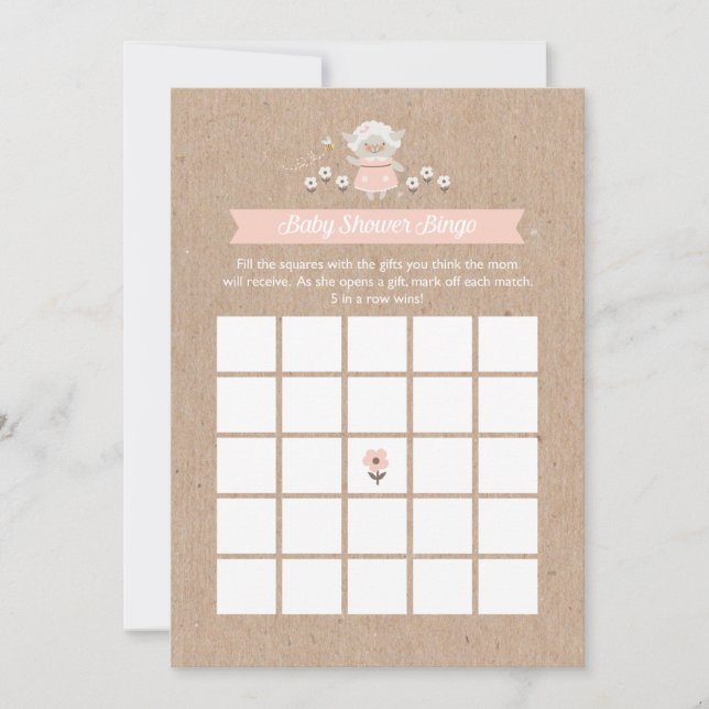 Baby Shower Bingo Girl Lamb Game Card (Front)