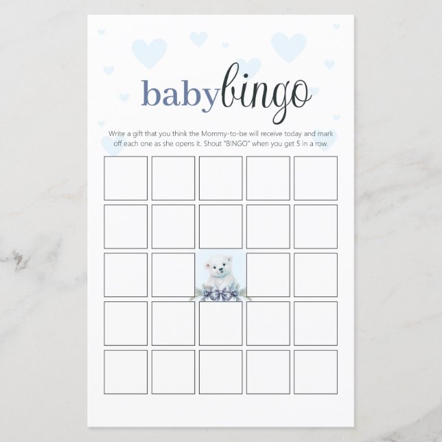 Baby Shower Bingo Party Game Blue Hearts Bear Cub (Front)
