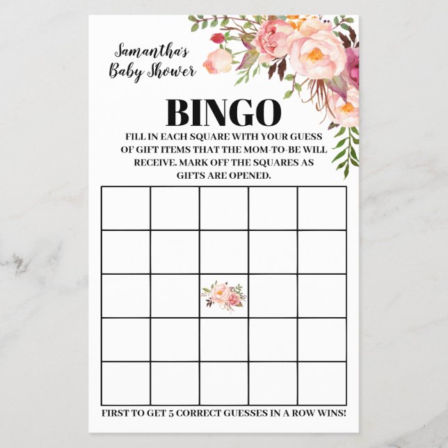 Baby Shower Bingo pink bilingual game card (Front)