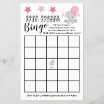 Baby Shower Bingo Pink Elephant Girl Game Card