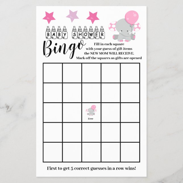Baby Shower  Bingo Pink Elephant  Girl Game Card (Front)