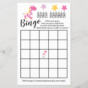 Baby Shower  Bingo Pink Giraffe Girl Game Card 