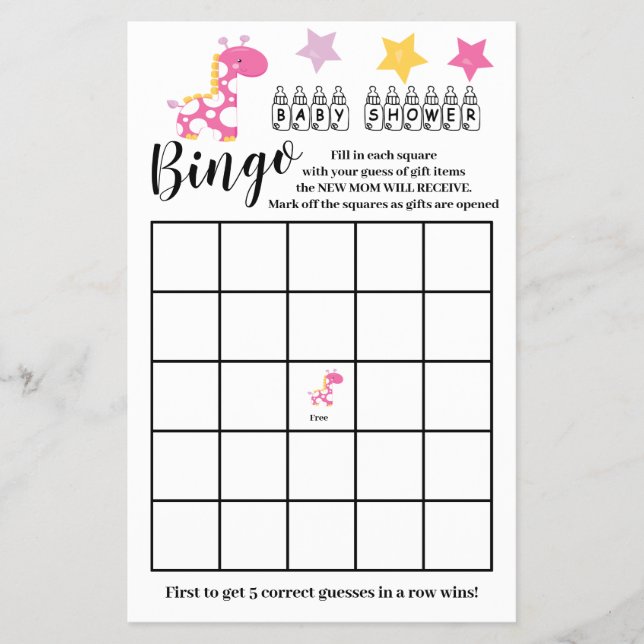 Baby Shower  Bingo Pink Giraffe Girl Game Card  (Front)