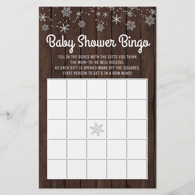 Baby Shower Bingo Rustic Snowflake Baby Bingo Card (Front)