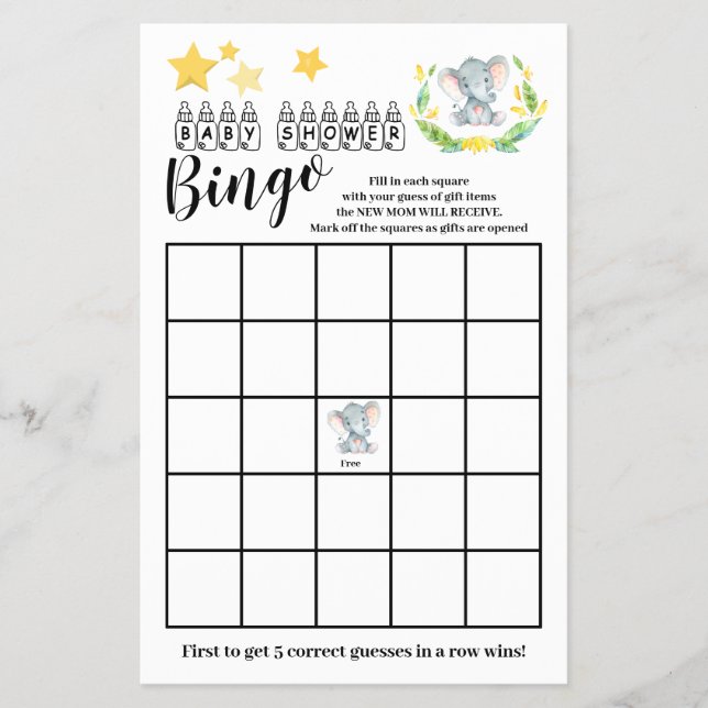 Baby Shower Bingo Sweet Elephant Game Card  (Front)