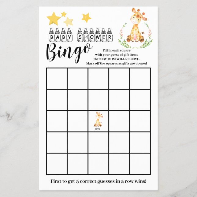 Baby Shower Bingo Sweet Vintage Giraffe Game Card  (Front)