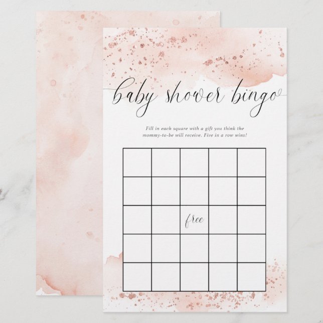 Baby shower bingo watercolor rose gold pink (Front/Back)