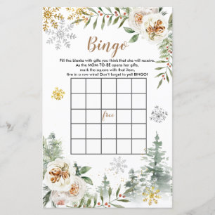 Baby Shower Bingo Winter White Floral Pine Trees
