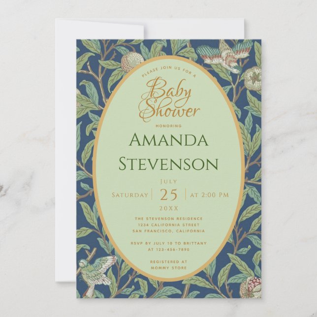 Baby Shower Birds Pomegranate Green Leaves Morris Invitation (Front)