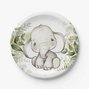 Baby Shower Birthday Cute Elephant Greenery Paper Plate