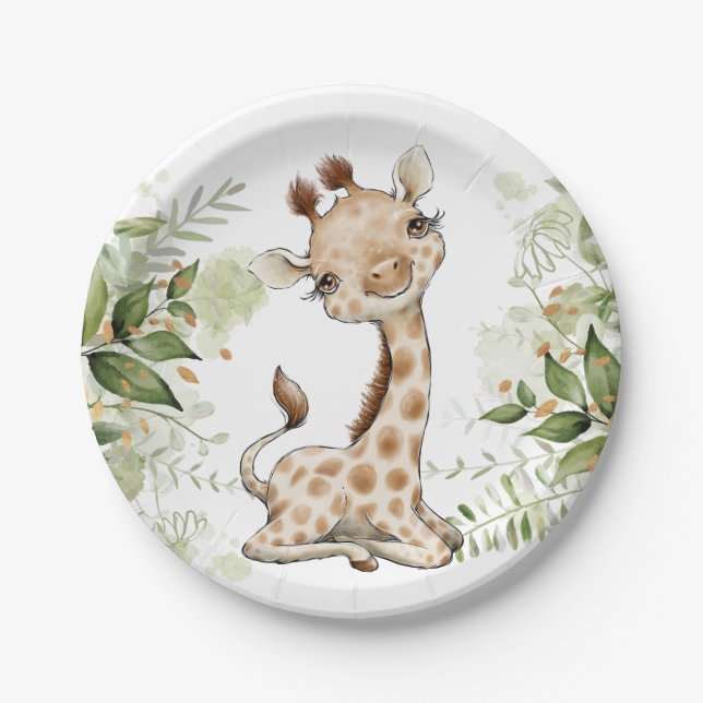 Baby Shower Birthday Cute Giraffe Greenery Paper Plate (Front)