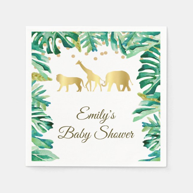 Baby shower birthday napkin safari green gold (Front)