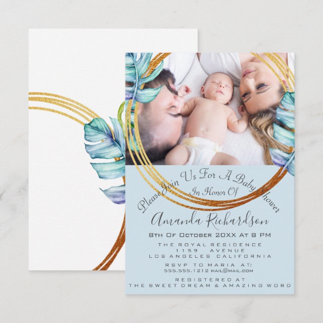 Baby Shower Birthday Photo Pastel Blue Wreath Invitation (Front/Back)