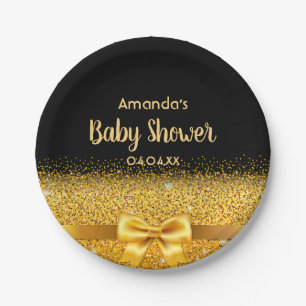 Baby Shower black gold elegant monogram name Paper Plate