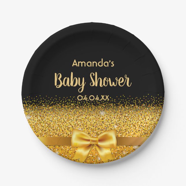 Baby Shower black gold elegant monogram name Paper Plate (Front)