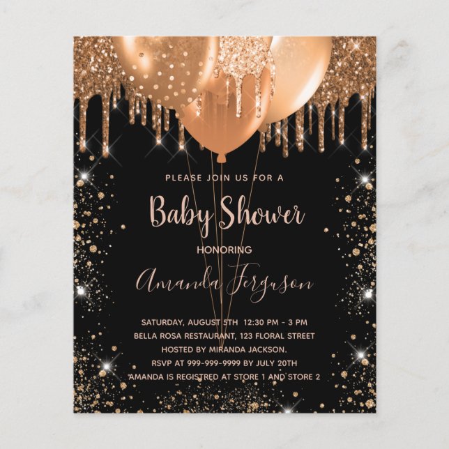 Baby shower black gold glitter budget invitation flyer (Front)