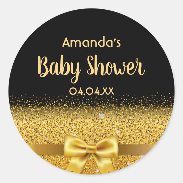 Baby Shower black gold name Classic Round Sticker (Front)