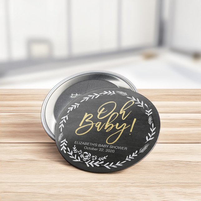 Baby Shower Black & White Floral Frame Chalkboard 7.5 Cm Round Badge (Creator Uploaded)