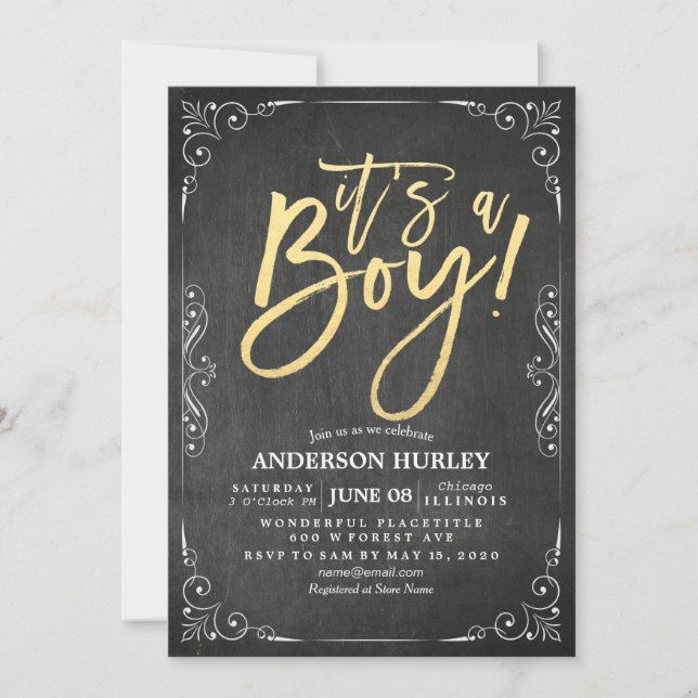 Baby Shower Black & White Floral Frame Chalkboard Invitation (Front)