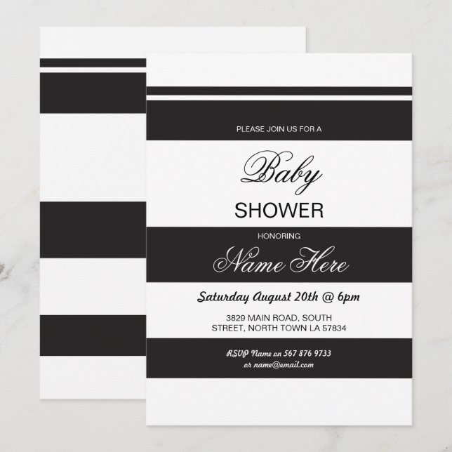 Baby Shower Black & White Party Stripe Chic Invite (Front/Back)