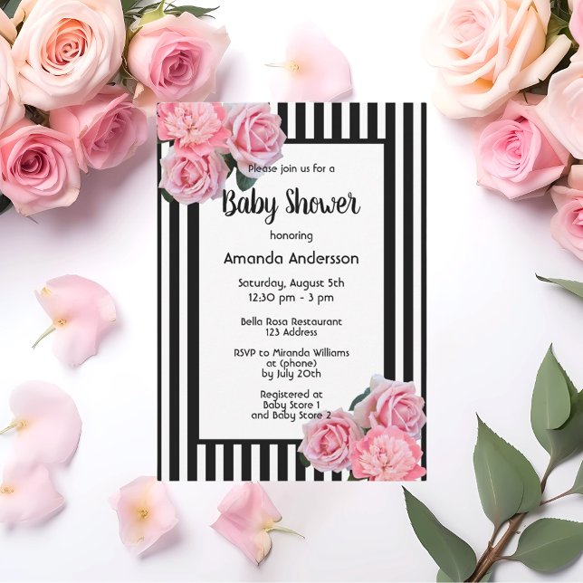 Baby Shower black white stripes pink flowers Invitation (Creator Uploaded)