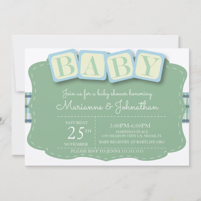 Baby Shower Blocks Boy Plaid Invitation (Front)