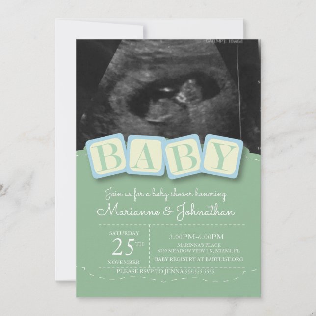 Baby Shower Blocks Boy Plaid Ultrasound Photo Invi Invitation (Front)