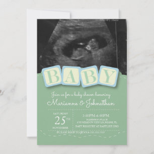 Baby Shower Blocks Boy Plaid Ultrasound Photo Invi Invitation