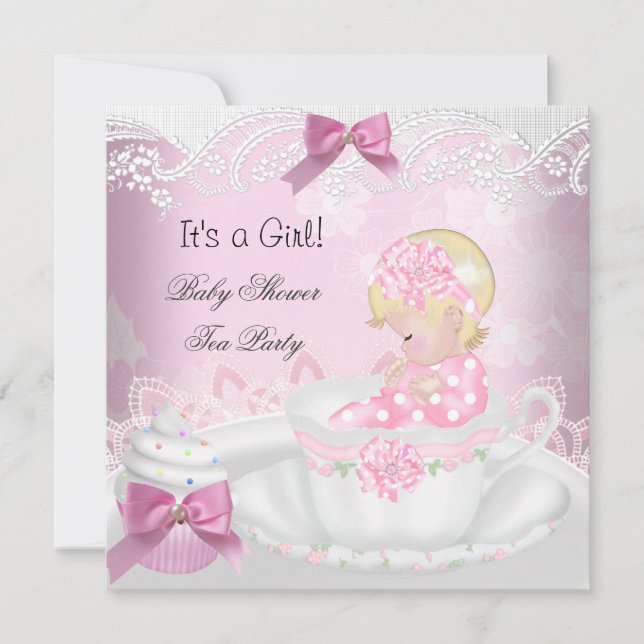 Baby Shower Blonde Girl Pink Baby Teacup Cupcake Invitation (Front)