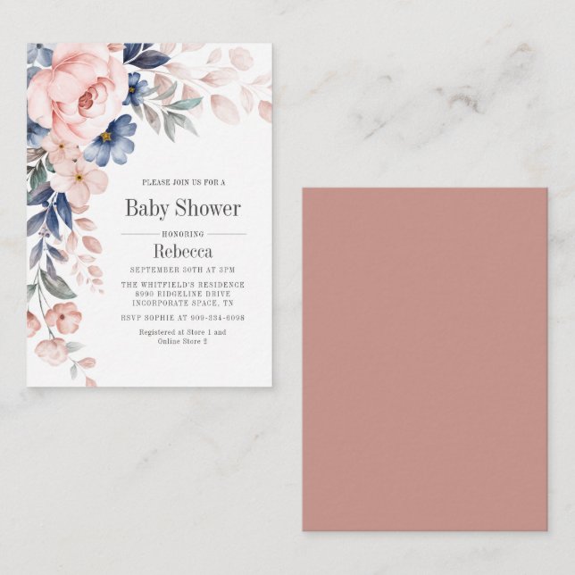 Baby Shower Bloom Blue Pink Floral Invitation (Front/Back)