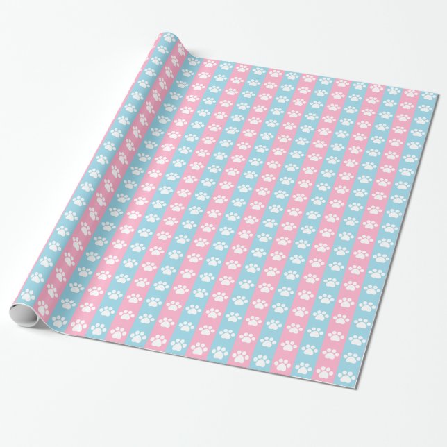 Baby Shower - Blue and Pink - Paw Print Theme Wrapping Paper (Unrolled)