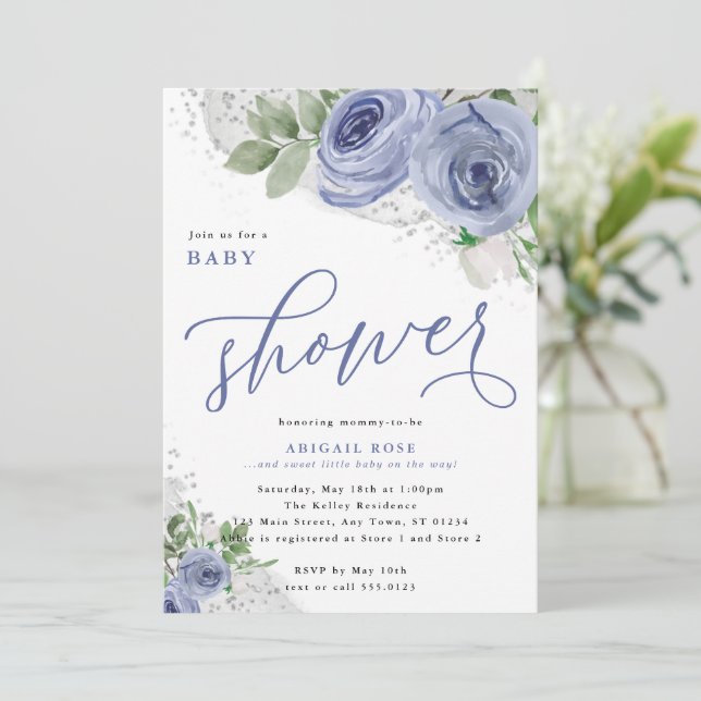 Baby Shower, Blue and Silver Watercolor Flowers Invitation (Standing Front)