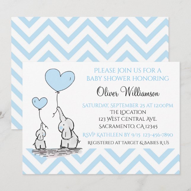 Baby Shower Blue Baby Elephant with Heart Custom Invitation (Front/Back)