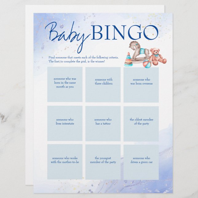 Baby shower blue bingo game personalised template custom letterhead (Front/Back)