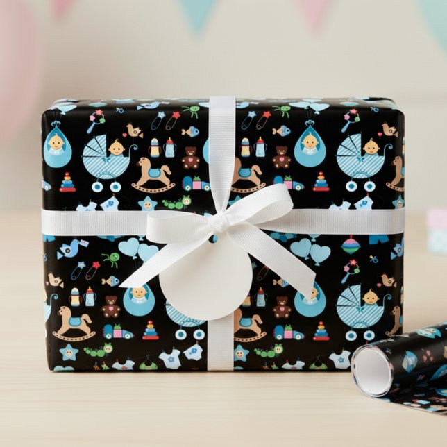 Baby Shower Blue/Black Wrapping Paper (Baby Shower Wrapping Paper )