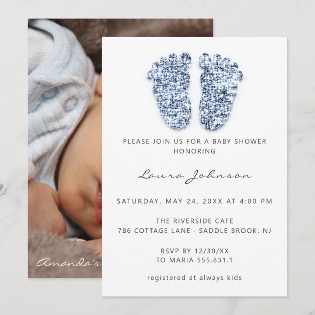 Baby Shower Blue Boy Feet Glitter Photo White  Invitation (Front/Back)