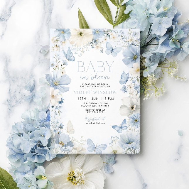 Baby Shower Blue Boy Floral Butterfly  Invitation (Blue Baby in Bloom Baby Shower Invitation Blue and White flowers and butterflies)