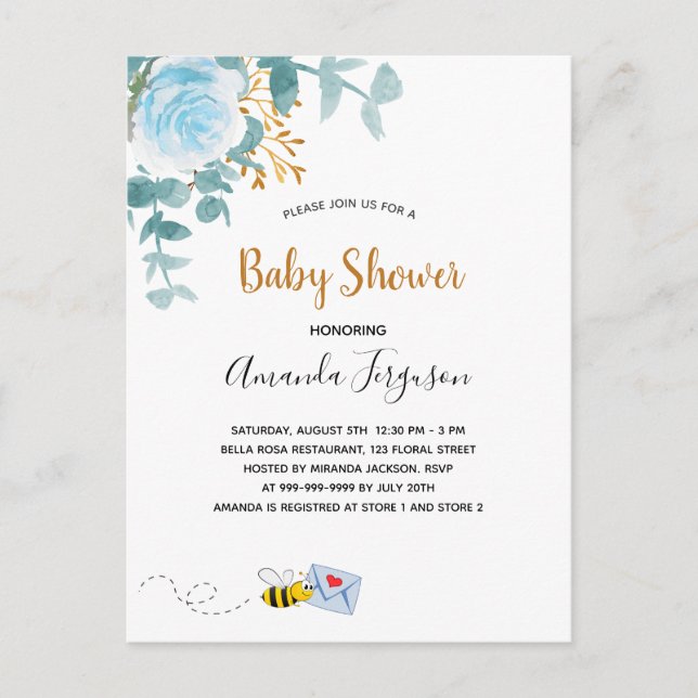 Baby Shower blue boy floral greenery mum to bee Postcard (Front)