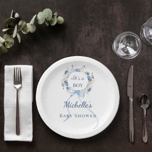 Baby Shower blue boy florals wreath  Paper Plate