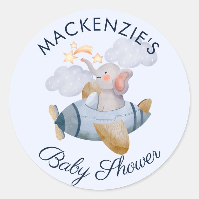 Baby Shower Blue Boy's Elephant Plane  Classic Rou Classic Round Sticker (Front)