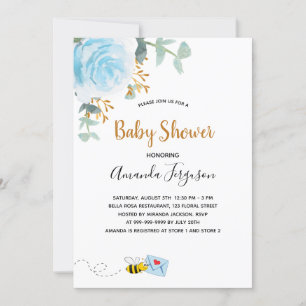 Baby Shower blue bumble bee floral greenery boy Invitation