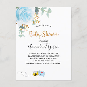 Baby Shower blue bumble bee floral greenery boy Invitation Postcard