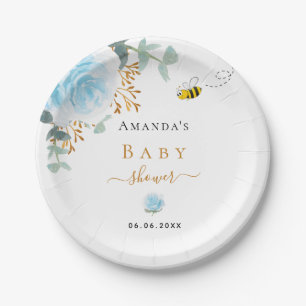 Baby Shower blue bumble bee floral greenery boy Paper Plate