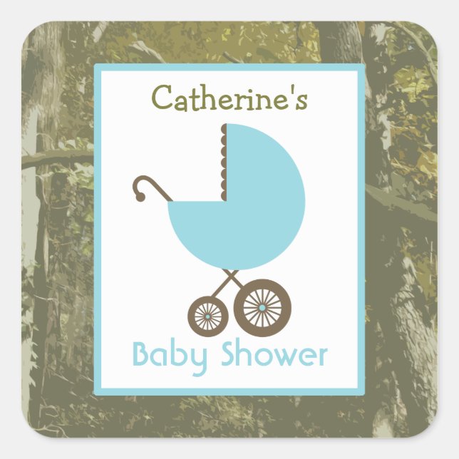 Baby Shower Blue Carriage & Camouflage Square Sticker (Front)