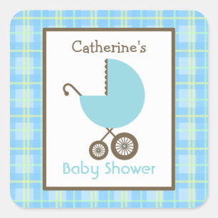Baby Shower Blue Carriage & Plaid Square Sticker